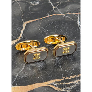 Celine Paris Vtg Two-Tone & Maroon Triomphe Logo Octagonal Cufflinks Gold